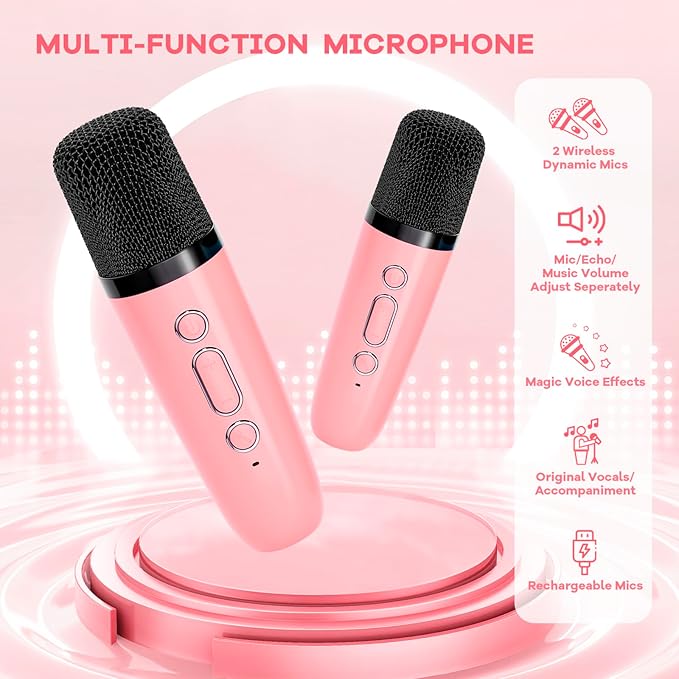 YLL Karaoke Machine for Kids, Portable Mini Speaker with 2 Wireless Microphones, 2026 Top Toys Birthday Gifts for Girls 3, 4, 5, 6, 7, 8, 9, 10, 12+ Years Old Toddler Party Grandkids Present (Rose)