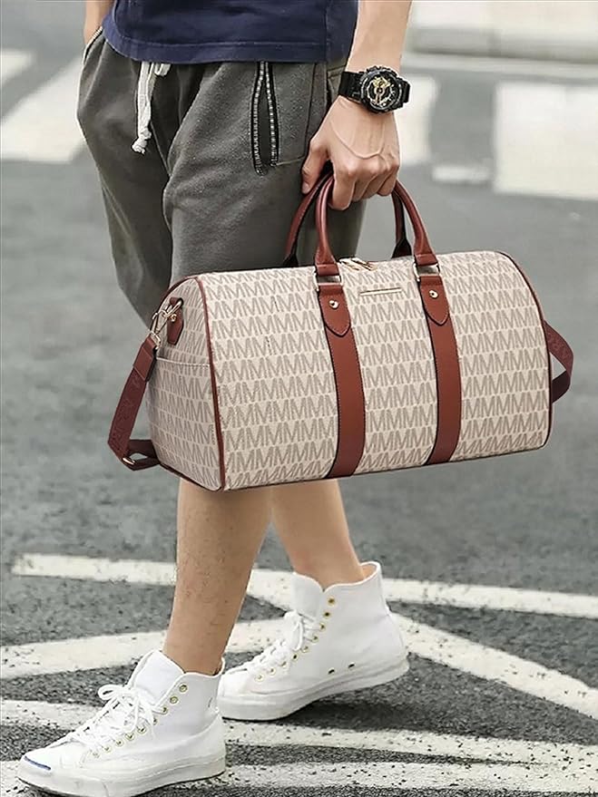 Women PU Leather Monogrammed Duffel Bag for Men- Scratch-Resistant Waterproof, Multi-Pocket Design, Large Capacity Carry-On for Gym Yoga Work Travel Weekender