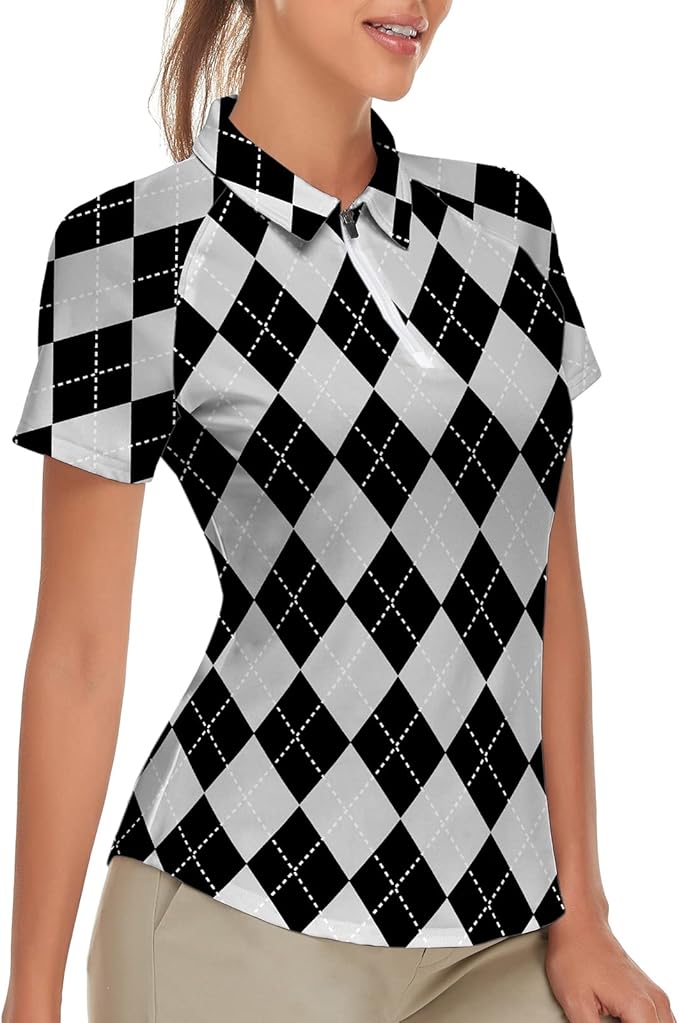 Women's Golf Shirt Short Sleeve Tennis Shirt Quarter Zip Golf Pullover Golf Polo Shirts Argyle Tops