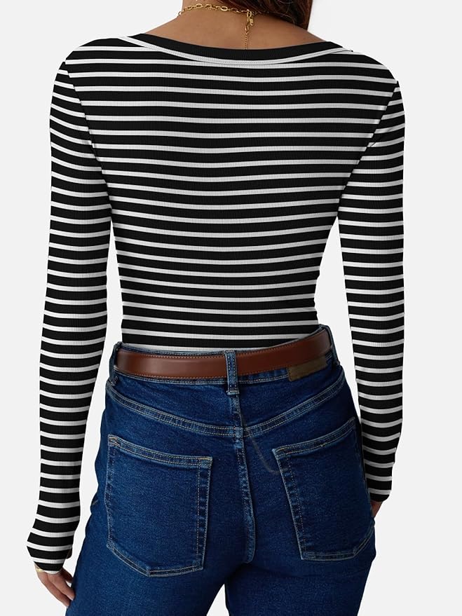 Womens 3/4 Sleeve Scoop Neck Top Ribbed Knit Slim Fitted Casual Basic Tee Shirts 2025 Fall Trendy Work T-Shirt Outfits