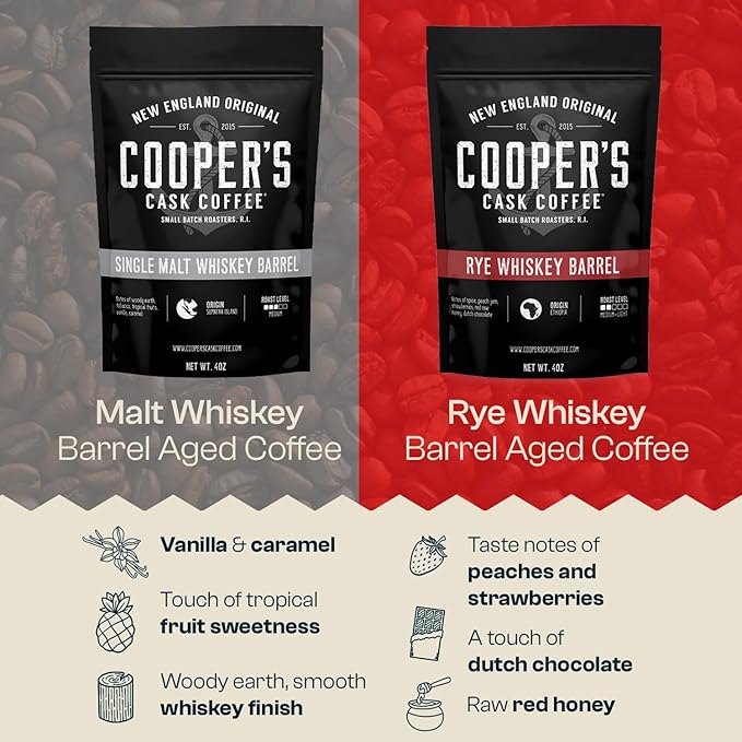 Bourbon Barrel Aged Coffee Ground Set, Single Origin Sumatra Whiskey, Ethiopian Rye, Rwanda Rum Roasted Coffee Beans (Ground, 4 Ounce (Pack of 3))