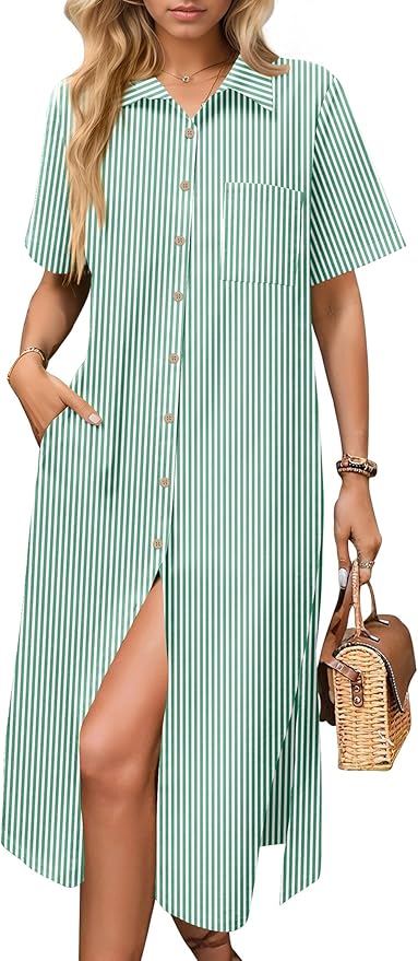 HOTOUCH Womens Dress Summer Casual Midi Short Sleeve Button Down Shirt Dresses Loose Beach Cover Up with Pockets