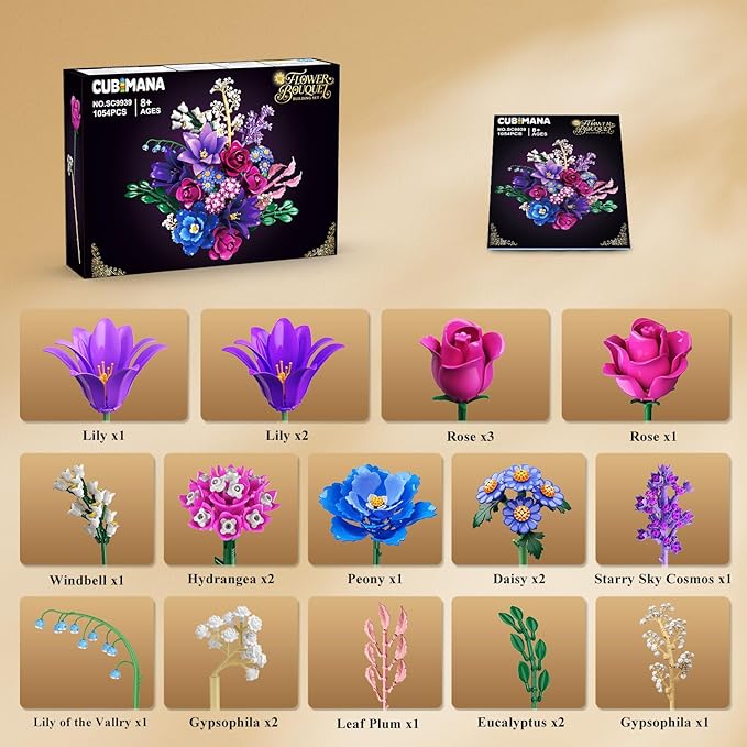 CUBIMANA Valentines Flowers Bouquet Building Set with LED Light, 21 Flower Botanical Collection Block Toy, Rose Lily Home Plant Decor 1054PCS, Gifts for Her Adults Women Mom Kids Girls 12+ (Purple)