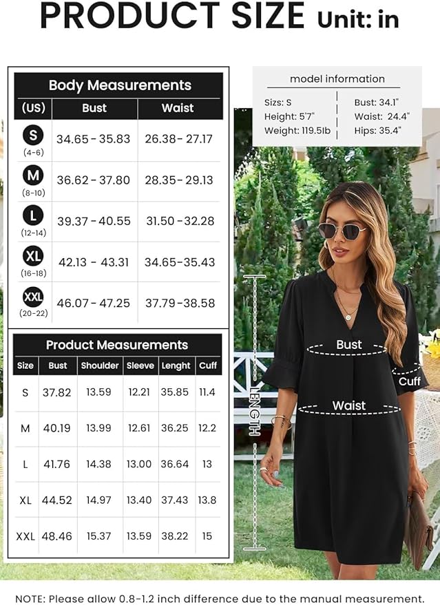 Wkior Shift Dress for Women V Neck Short Sleeves Solid Color Casual Flowy Summer Dresses(S-2XL)