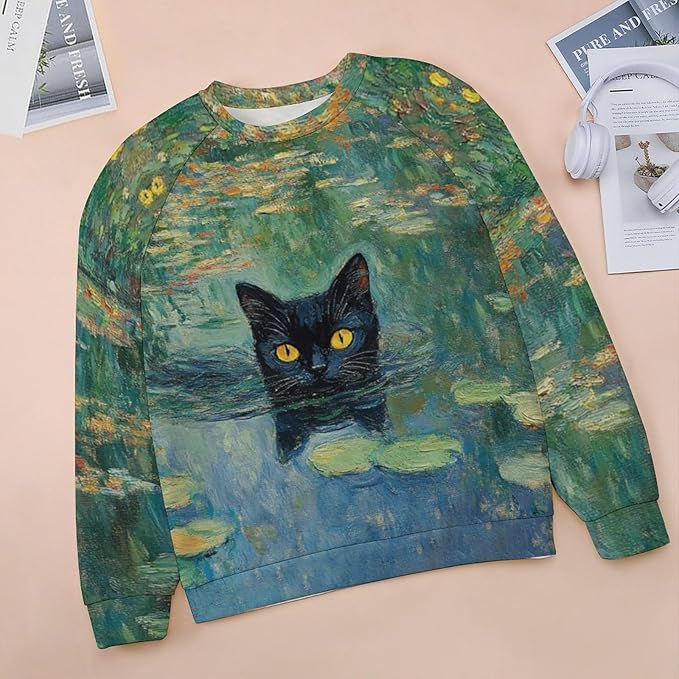 Spatofa Womens novelty funny cat printed crewneck sweatshirt casual loose long sleeve graphic pullover sweatshirts tops