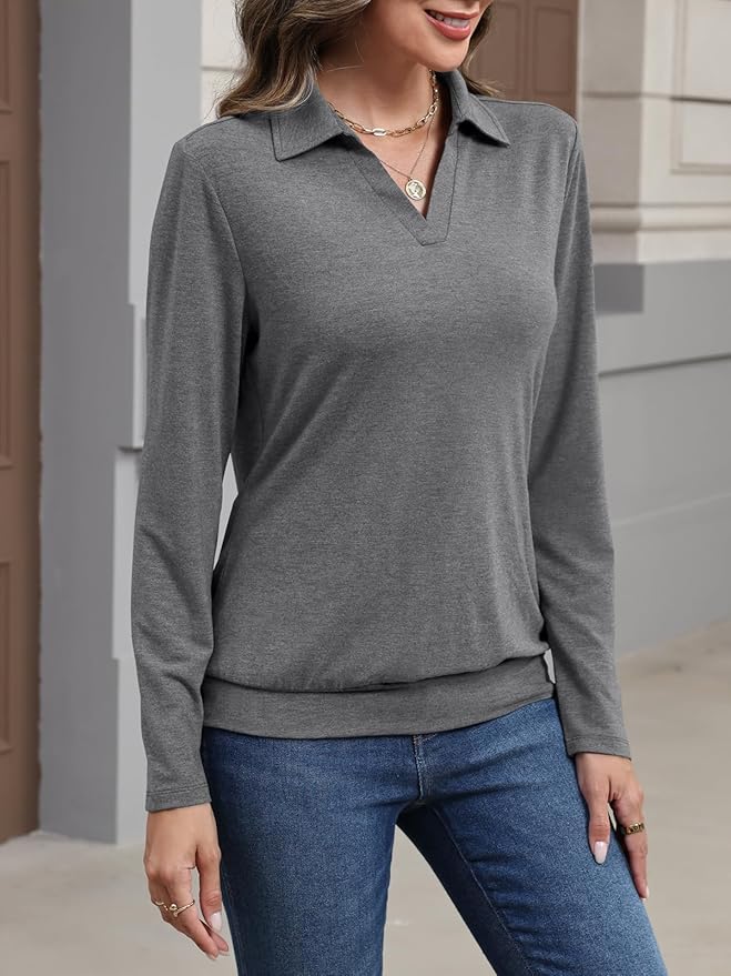 Womens Polo Shirts Long Sleeve Banded Bottom Tops Business Casual Tops Collared V Neck Blouses