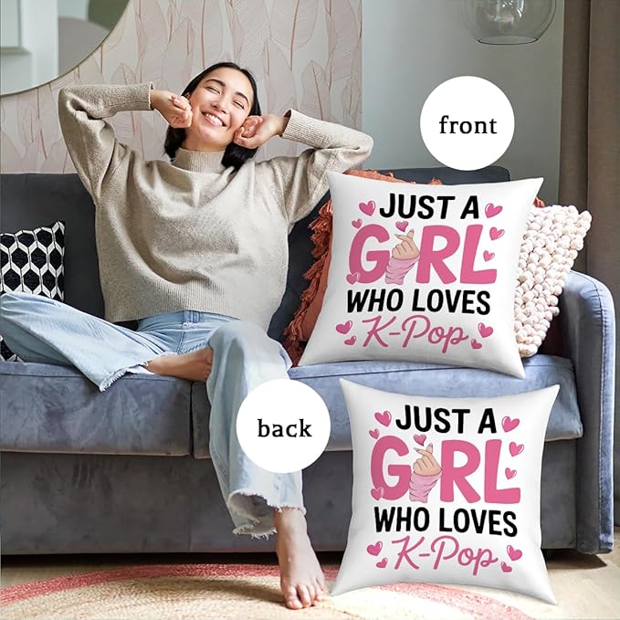 NGLIV K-pop Decor, Just a Girl Who Loves K-pop Room Decor, Rustic Anime Lovers Throw Girls K-pop Gifts Pillow Covers for Living Room Home Girl Bedroom Decoration Gifts-White