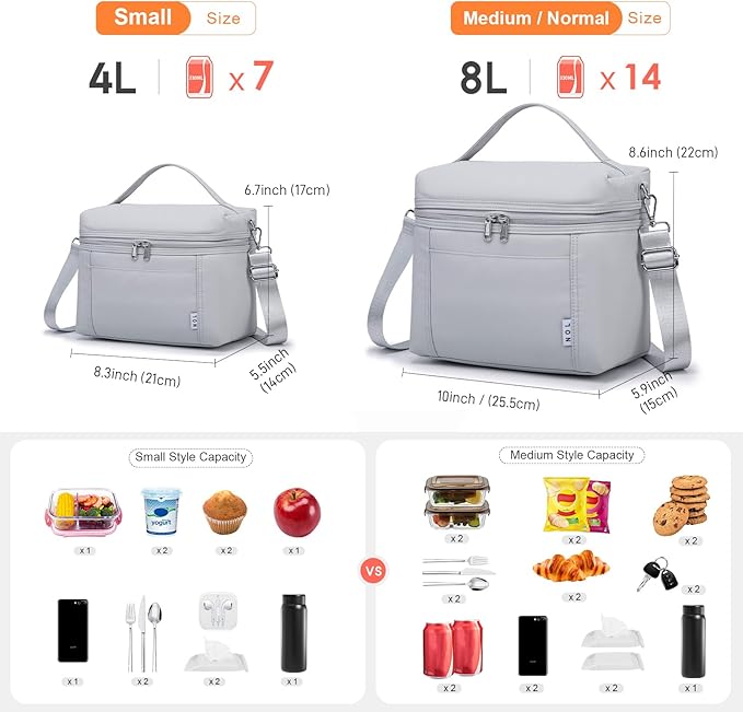 NOL Natural Organic Lifestyle Insulated Lunch Bags for Women Cooler Bag Lightweight Nylon Waterproof Lunch Box For Work (Small，Gray White)