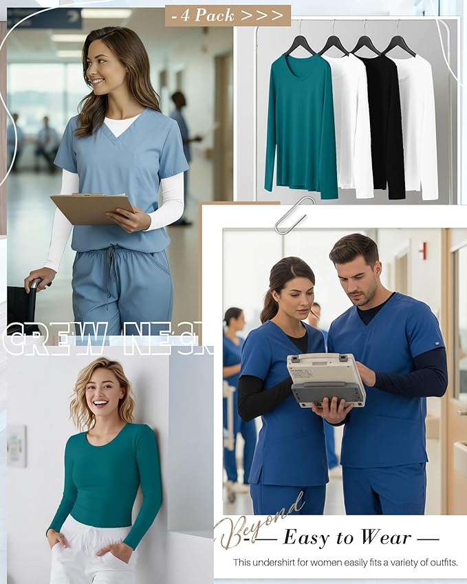 4 Pack Women's Underscrub Shirts Nurse Undershirts Long Sleeve Crewneck Slim Fit Tops Soft Stretchy Basic Tee