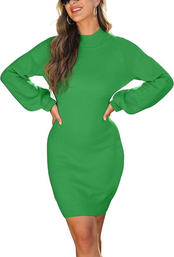 GRECERELLE 2026 Women's Mock Neck Ribbed Long Sleeve Bodycon Pullover Cute Mini Sweater Dress (XS-2XL)