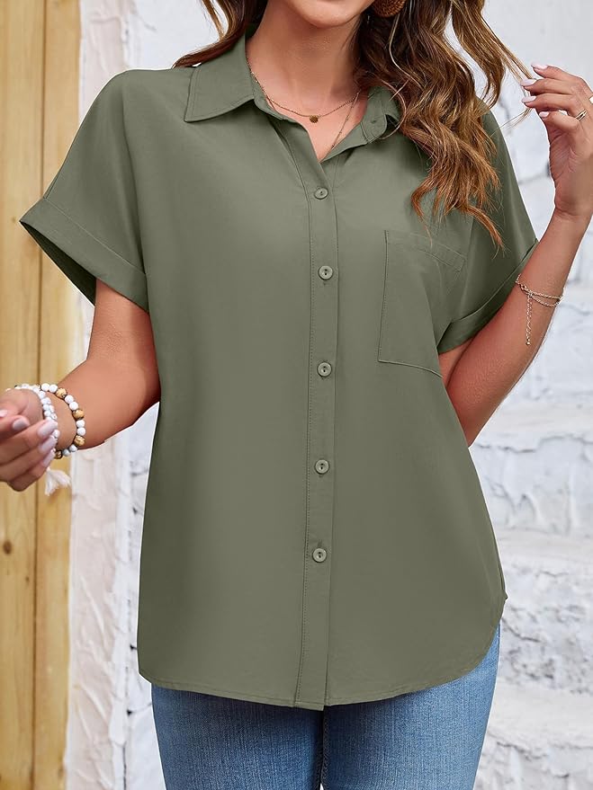 Womens Button Down Shirt Casual Short Sleeve Collared Work Blouse with Pocket