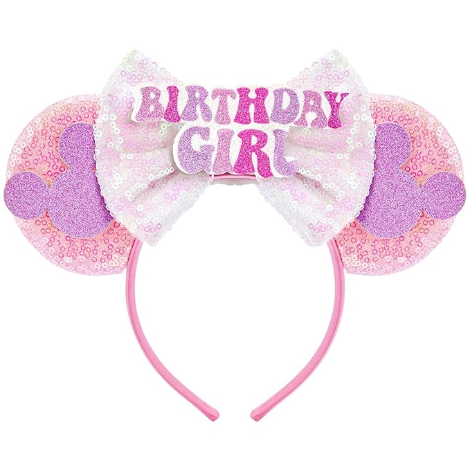HAMUTH Mouse Ear Headband, Birthday Girl Headband for Women Girl Adult, Happy Birthday Ears for Party Trip Parks Cosplay Costume Accessories