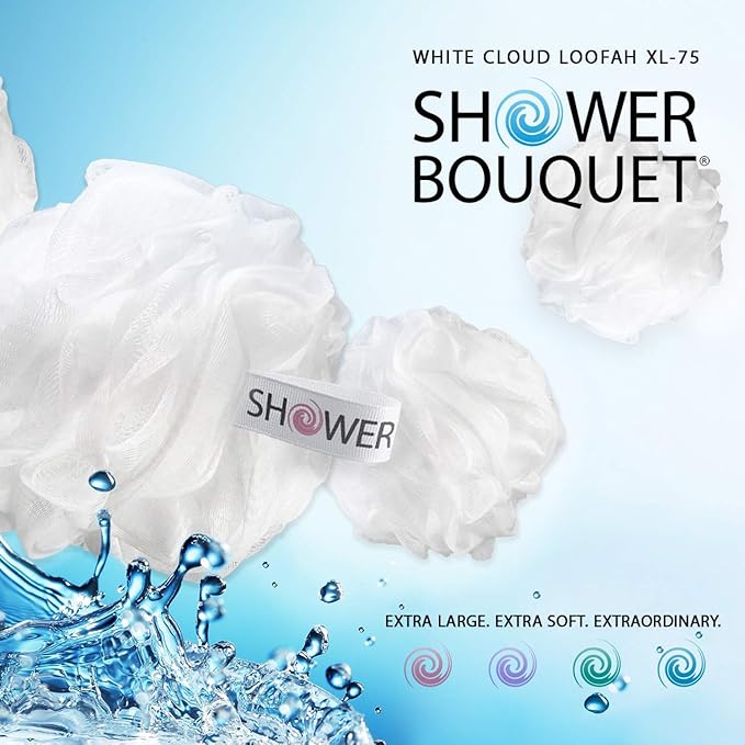 SHOWER BOUQUET Loofah Soft-White-Cloud XL Bath-Sponge 4-Pack // Extra Large 75g Mesh Loofa Lufa Pouf Set for Men and Women - Exfoliate with Big Gentle Cleanse Scrubber in Beauty Bathing Accessories