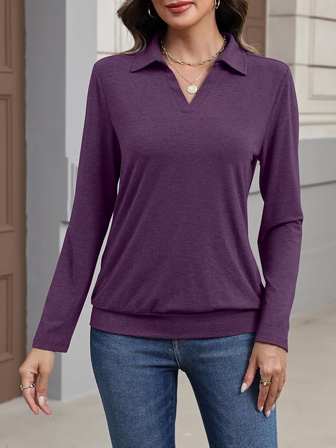 Womens Polo Shirts Long Sleeve Banded Bottom Tops Business Casual Tops Collared V Neck Blouses
