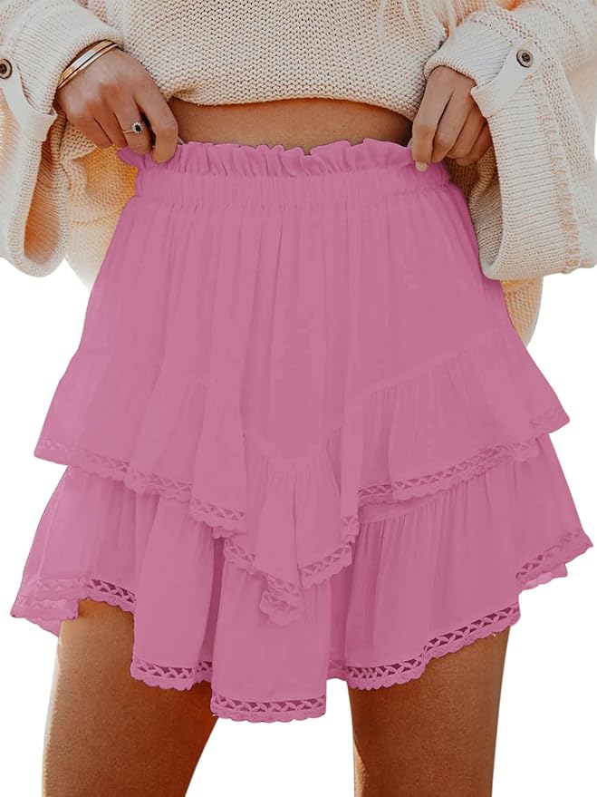 Aoudery Flowy Shorts for Women Casual Boho Ruffle Tiered Skorts High Waist Mini Skirts Golf Tennis Crochet Shorts