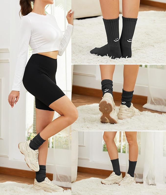 AugRing Women's Cute Scrunch Slouch Crew Socks 3Pack Retro Kawaii Chunky Ribbed Cotton Boot Sneaker Cozy Calf Socks Size 5–11