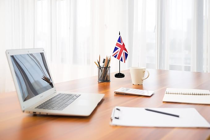 USA American & Britain United Kingdom Desk Flags, US UK Office Table Flag, Small Mini Miniature UK and US Desktop Flag With 13" Solid Black Pole, Black Base