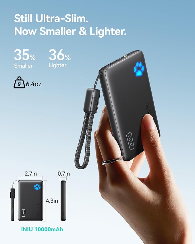 INIU Portable Charger, Ultra Slim 45W Fast Charging with Attached USB C Cable, Flight-Safe 10000mAh PD Power Bank Battery Pack, Travel Essential Phone Powerbank for iPhone 17 16 Samsung S25 Google etc
