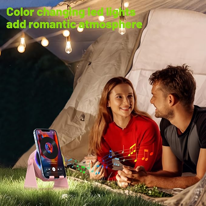 Wireless Induction Speaker, 4 in1 Phone Stand Bluetooth Speaker Amplifier with Colorful Ambient Light 360° Rotation Holder for Tablet iPhone Android,Portable Birthday Gifts for Adults Teens (Pink)