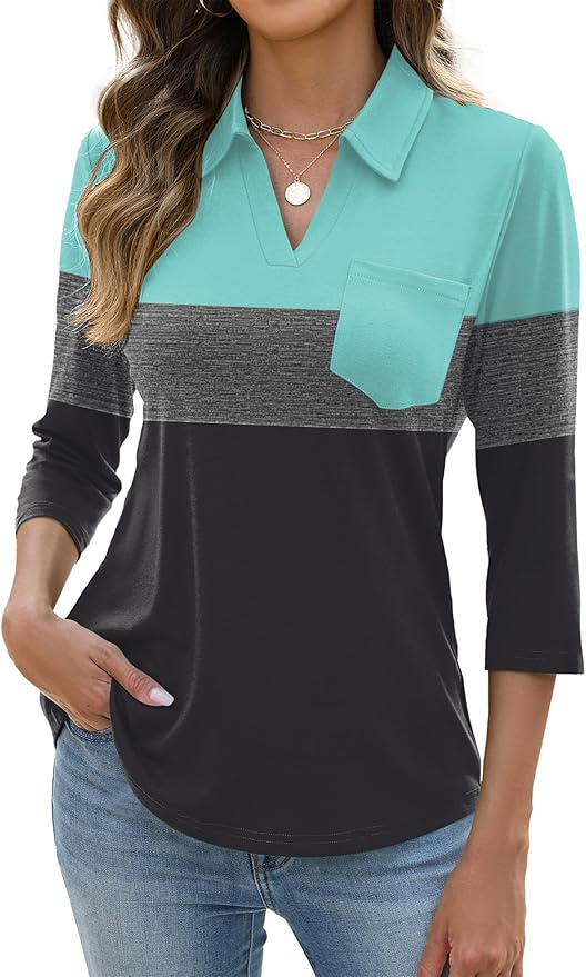 AKEWEI Womens 3/4 Length Sleeve Tops V Neck Casual Basic Tees Work Polo Shirts Collared Summer Top with Front Pocket