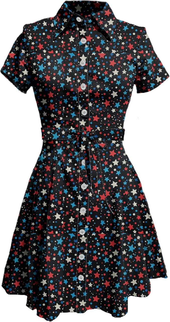 MARSVOVO Cute T Shirt Dress for Women Short Sleeve Button Up Tie Waist Elegant Casual Collared Smocked Midi Dress