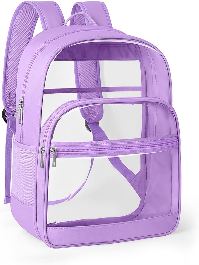 KIMNERPU Clear Backpack, Heavy Duty Transparent Bookbag for School, Fabric & PVC Transparent Backpack with Reinforced Strap for Women Men, Capacity Clear Bag for College, Travel, Purple