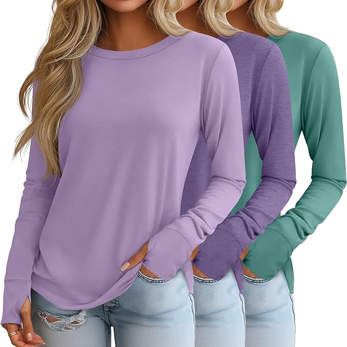 Huukeay 3 Pack Women's Long Sleeve Shirts with Thumb Holes, Cotton Casual Crew Neck Tunic Tops Fall Loose Y2k Trendy Outfits