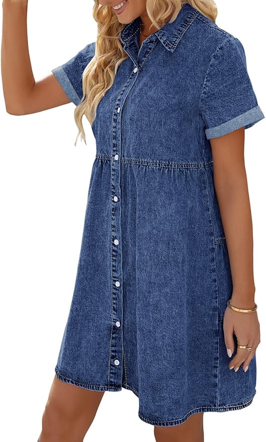 LookbookStore Women's Short Sleeve Button Down Flowy Tiered Babydoll Denim Dress