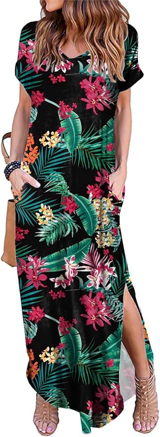 Arolina Women's Summer Maxi Dress Short Sleeve V Neck Casual Loose Long Beach Split Dresses with Pockets
