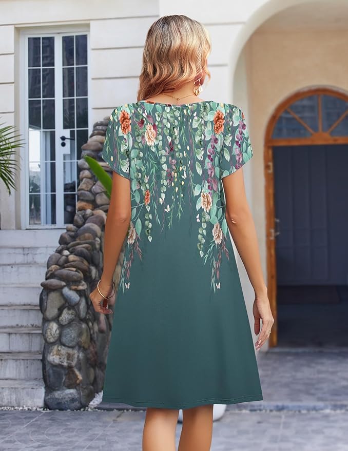 Zeagoo Women's Casual Dresses with Pockets Summer Floral V-Neck A-Line Tshirt Dress Short Sleeve Mini Dress Beach Sundress