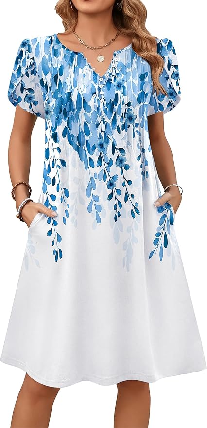 Zeagoo Women's Casual Dresses with Pockets Summer Floral V-Neck A-Line Tshirt Dress Short Sleeve Mini Dress Beach Sundress