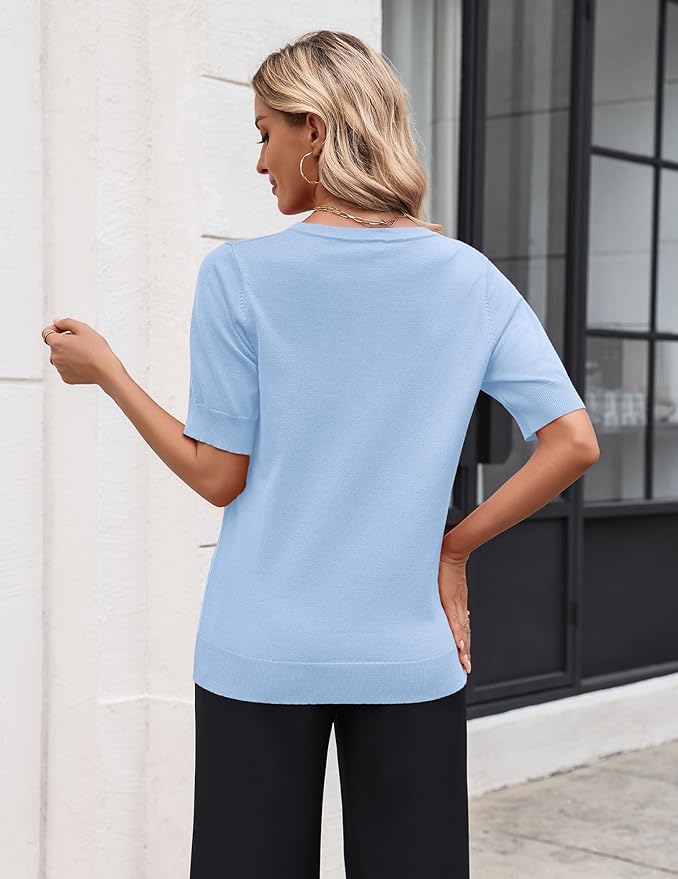 Zeagoo Women's Short Sleeve Sweater 2026 Spring Summer Tops Lightweight Casual V Neck Sweaters Dressy Work Blouses Clothes