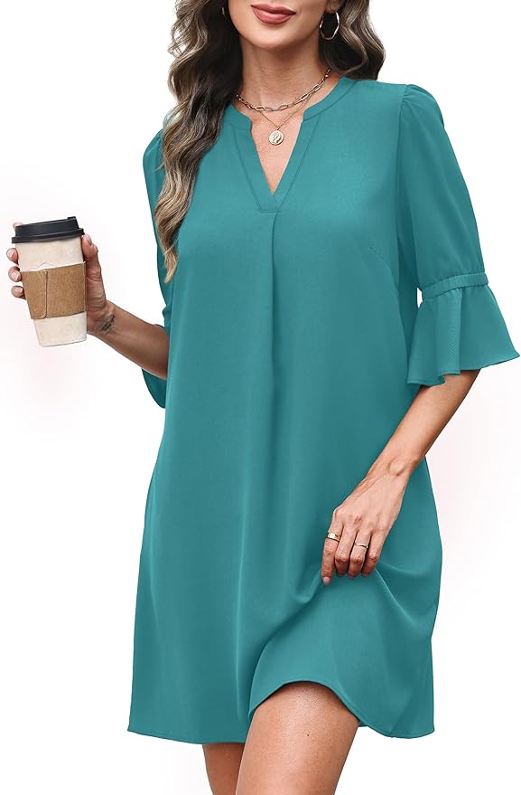 RUMIA Shift Dress for Women V Neck Ruffle Short Sleeve Loose Casual Summer Dress
