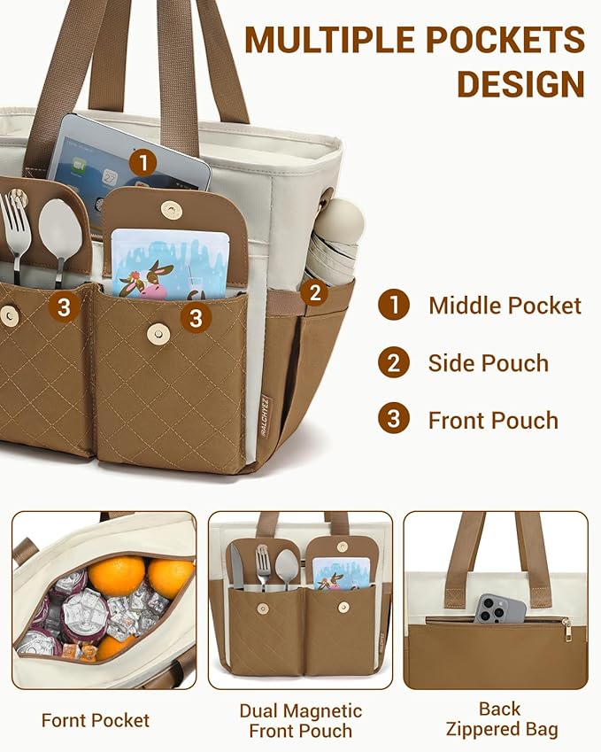 RalChyez Lunch Box for Women, Large Lunch Tote Leakproof Adult Lunch Bag Insulated Lunch Cooler Purse with Storage Pocket for Work Picnic Beach Trip Brown