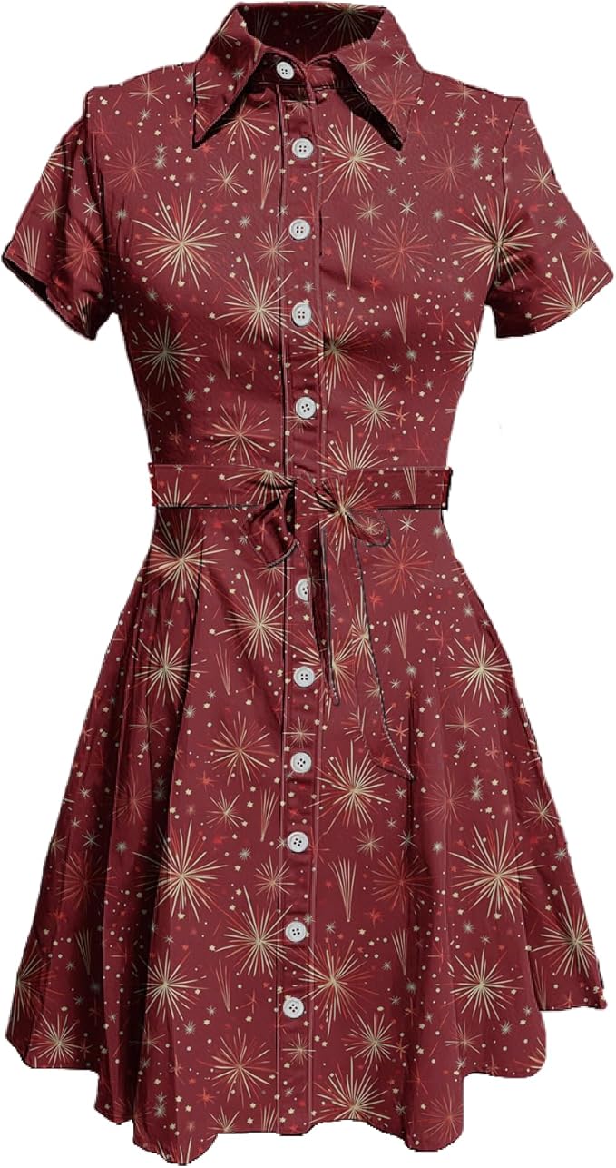 MARSVOVO Cute T Shirt Dress for Women Short Sleeve Button Up Tie Waist Elegant Casual Collared Smocked Midi Dress
