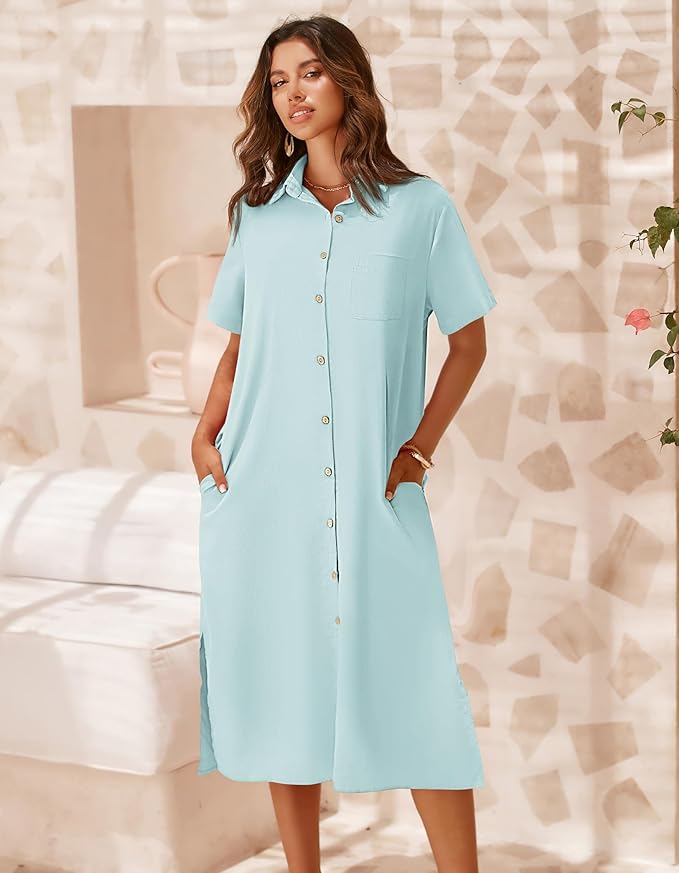 Zeagoo Women Dresses Summer Casual Short Sleeve Button Down Shirt Dresses 2025 Beach Cover Up with Pockets