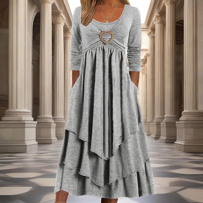Winter Dresses for Women Wedding Guests Casual Cute Heart Long Sleeve Tiered Maxi Dress with Pockets Plus Size