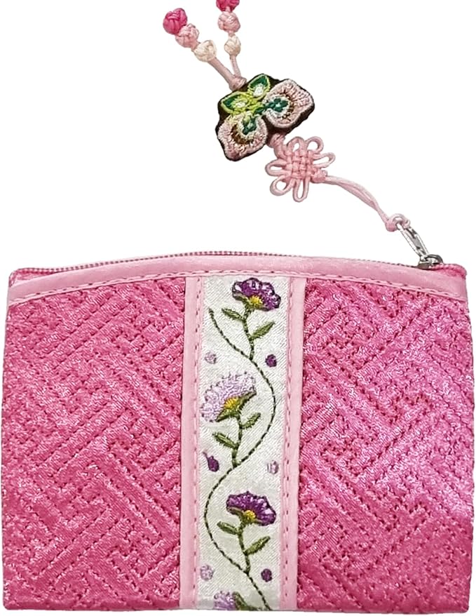 Seoulful Vintage Korean Embroidered Card Pouch - Wildflower Design Coin Purse with Butterfly Charm - Traditional Korean New Year's Gifts (Light Pink)