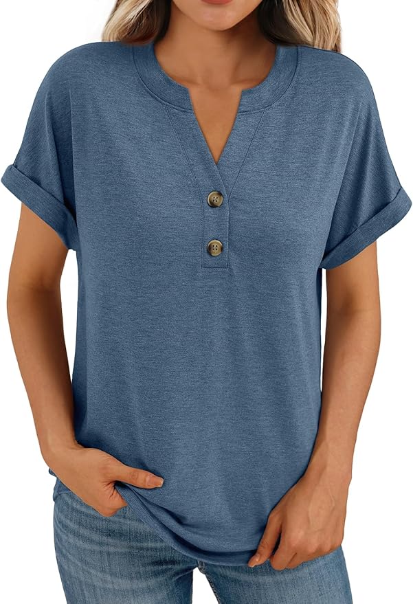 AUTOMET Women's Short Sleeve Shirts Henley Dressy Casual Summer Tops 2026 Spring Fashion Trendy Cute T-Shirts