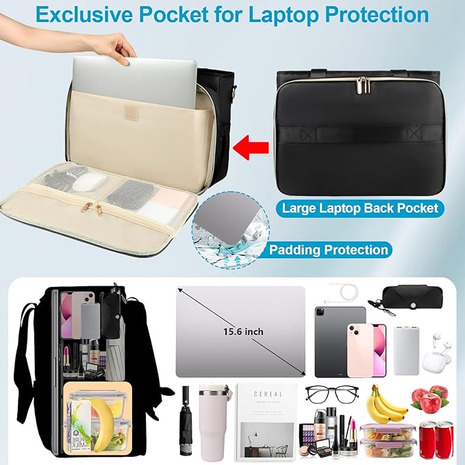 2-in-1 Laptop Tote Bag for Women with Big Insulated Lunch Compartment, Soft Nylon Work Tote Bag with 15.6 Inch Laptop Compartment& Cup Holder for Teacher Nurse Business Travel Daily (Black)