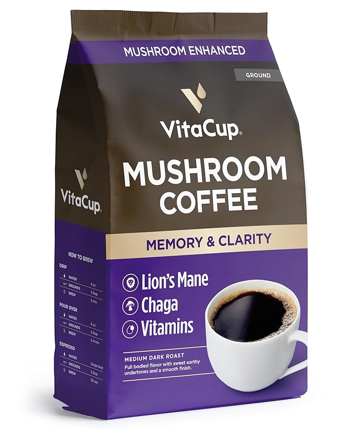 VitaCup Mushroom Coffee Grounds, with Lions Mane, Chaga, B Vitamins, D3, Boost Focus, Immunity, Memory & Clarity, Medium Dark Roast, Bold & Smooth 100% Arabica Specialty, 10 Oz