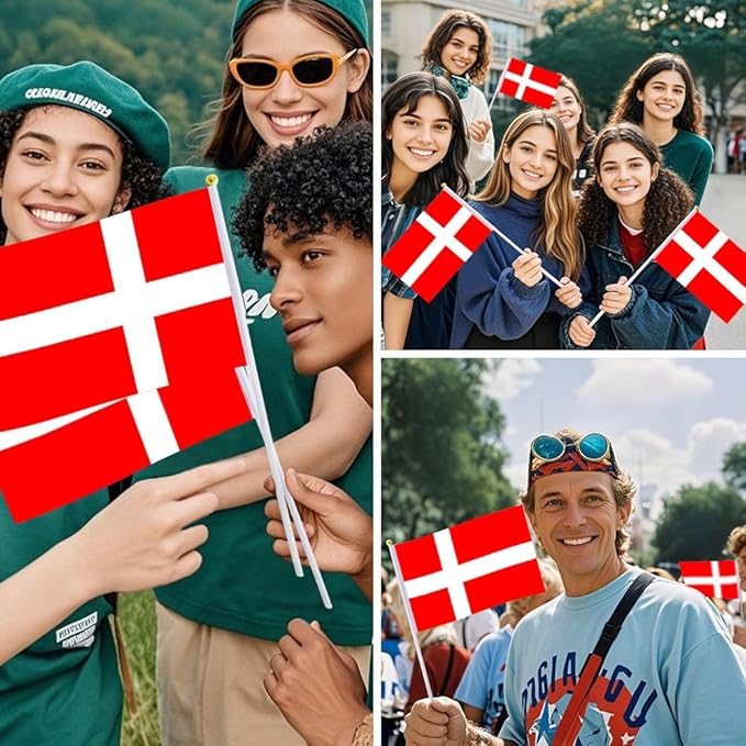 20 Pack Small Denmark Flags on Stick Mini Handheld Danish Flag for Parades, Independence Day and Patriotic Events 5x8 Inch Durable Weather-Resistant Flags with 12 Inch Sticks(Denmark)