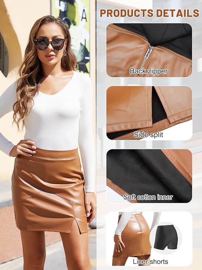 We1Fit Womens Fuax Leather Skirt High Waisted Bodycon Pencil Mini Skirts with Shorts