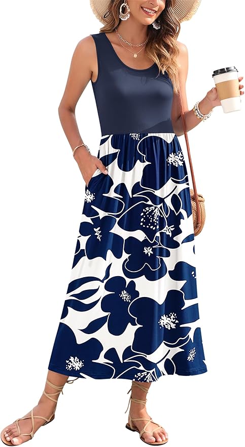 WNEEDU Women's Summer Maxi Dress 2026 Casual Sleeveless Hawaiian Sundress Tropical Long Dress Beach Vacation Outfit