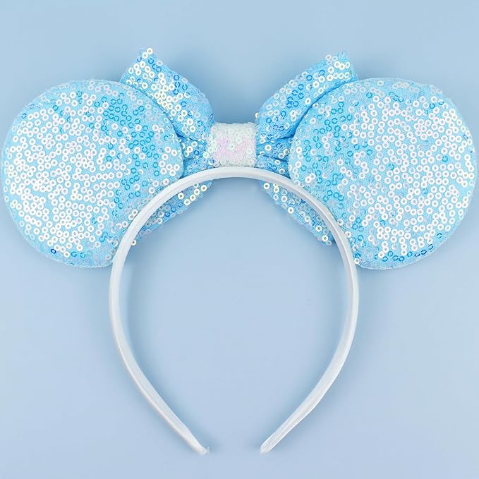 LIHELEI Mouse Ears Headband for Princess, Blue Cinderella Elsa Headbands for Women Halloween Costume, Sequin Bows Headwear Hair Accessories - Light Blue