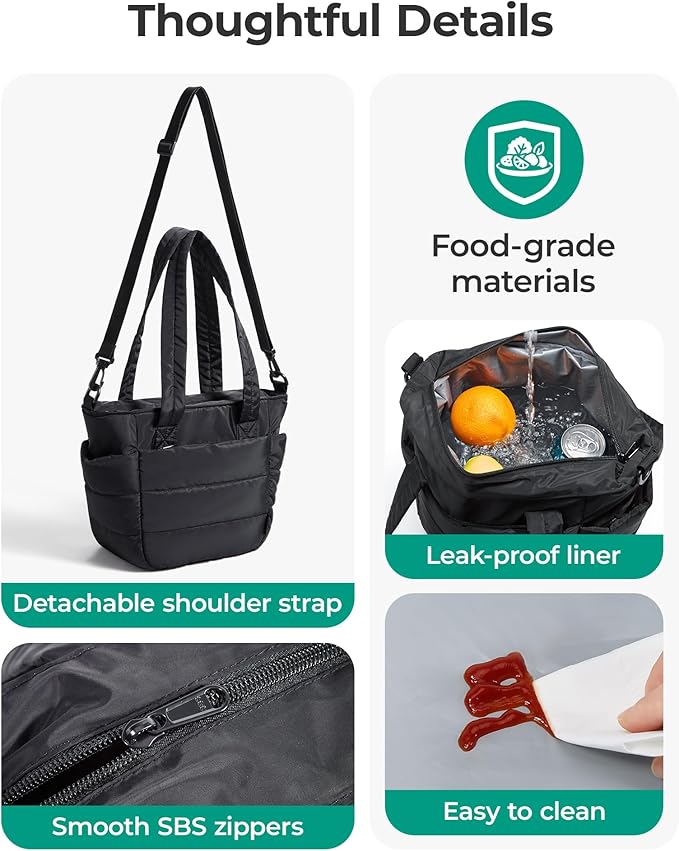 BAGSMART Lunch Bag Women Small Insulated Tote with Lunch Compartment Quilted Lightweight Puffy Tote Bag for Work, Travel, Outdoor, Green
