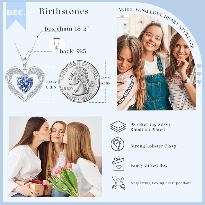 Jurikko Heart Necklaces Valentine's Gift for Women, Birthstone 925 Sterling Silver Angel Wings Love Pendant Necklaces for Women, Jewelry Gifts for Wife, Anniversary, Mother's day
