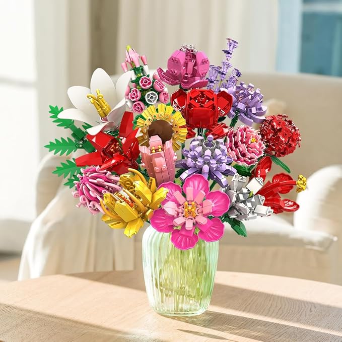 HOGOKIDS Flower Bouquet Set for Adults - Valentine 1461PCS Artificial Flowers Botanical Collection | 18 Sticks Decorative Home Plant Bouquet | Creative DIY Gift for Wife Girlfriend Mom Women Men