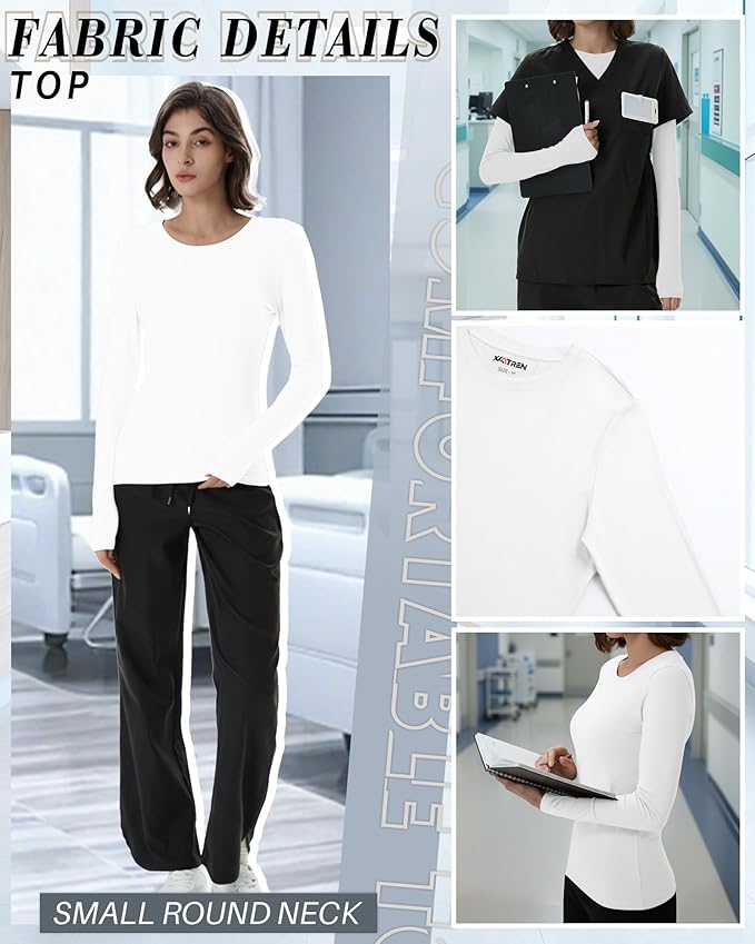 4 Pack Women's Underscrub Shirts Nurse Undershirts Long Sleeve Crewneck Slim Fit Tops Soft Stretchy Basic Tee