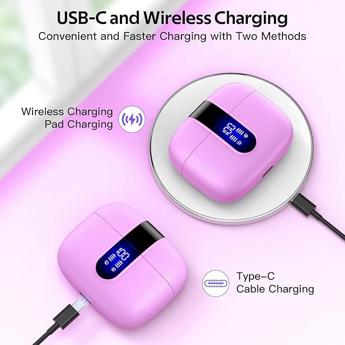 TAGRY 2 Sets X08 Purple and Sunset Pink Bluetooth Headphones True Wireless Earbuds 60H Playback Ear Buds with Wireless Charging Case in-Ear Earbuds with Mic